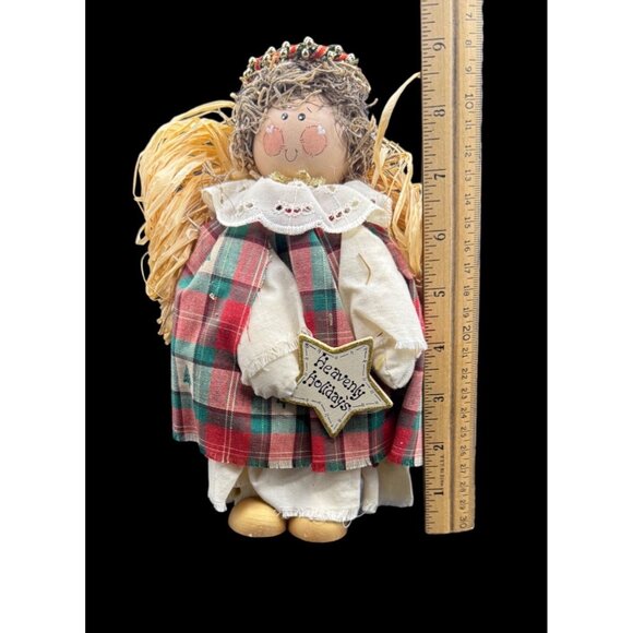 Vtg. Primitive Wooden Christmas Angel Doll Plaid Dress "Heavenly Holidays" Decor - Picture 7 of 7